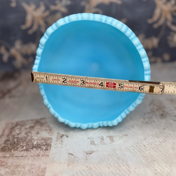 Vintage Fenton Blue Satin Glass Pedestal Compote Bowl Signed Estate - Picture 8 of 11